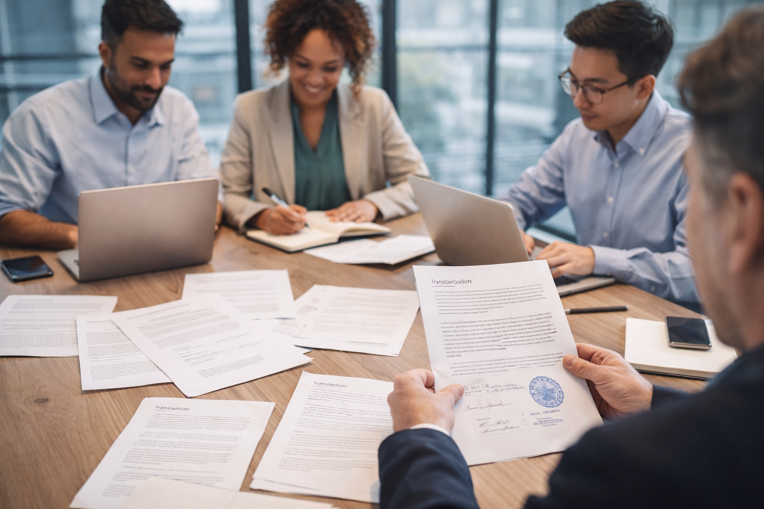 Professional translators working on documents
